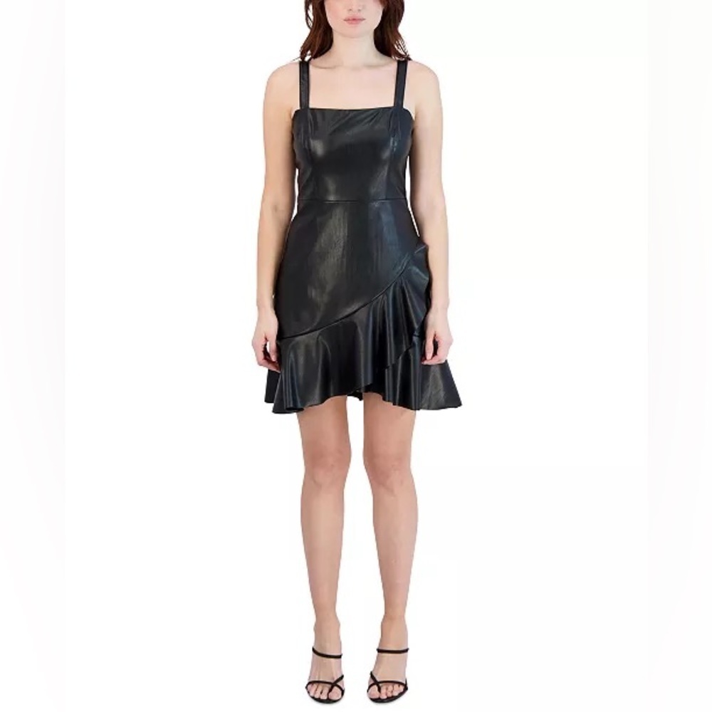 BCBGeneration Black Faux Leather Flouce-Hem Mini Dress - X- Large
